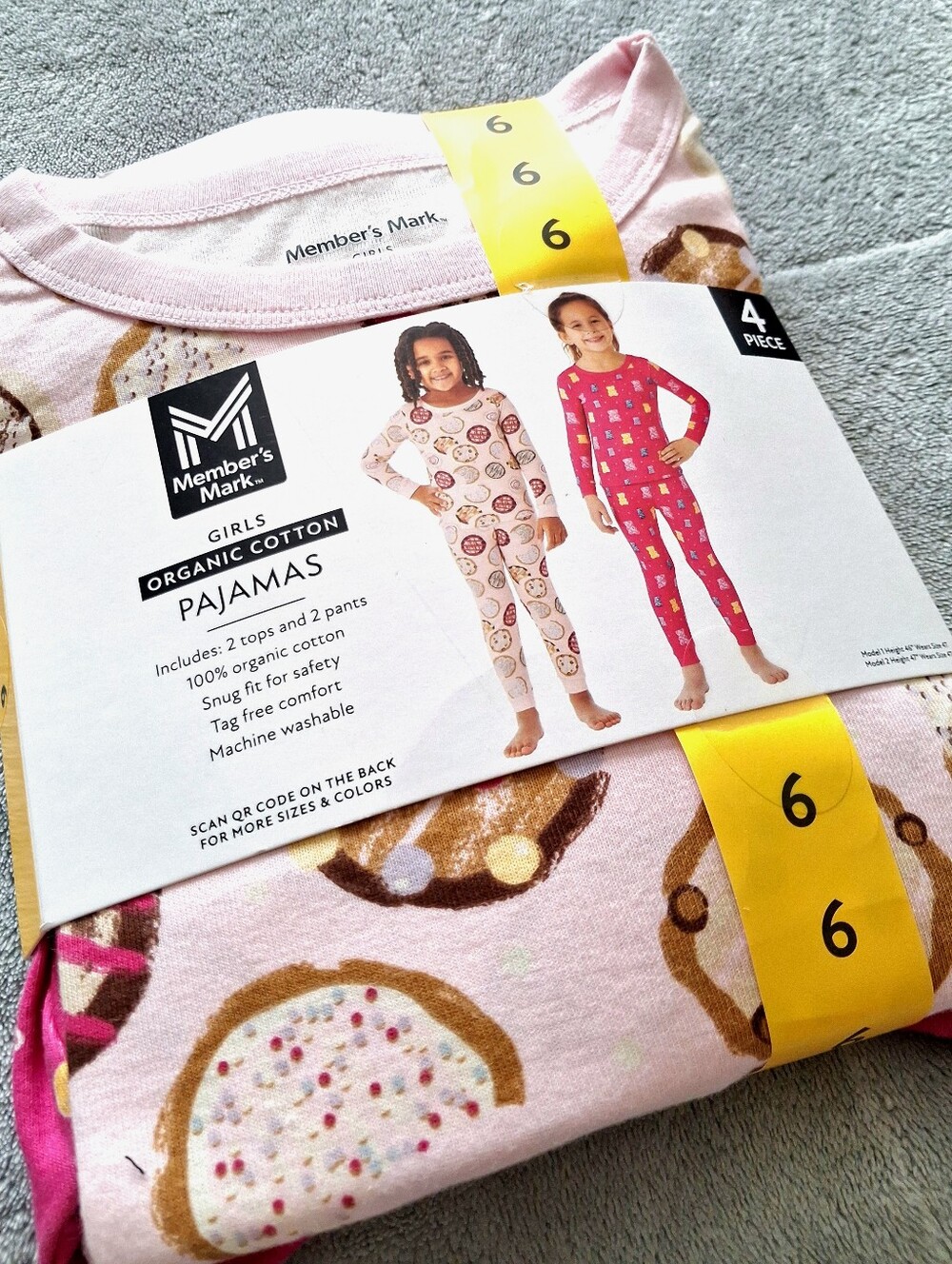 Member’s Mark - Girls Size 6 Organic Cotton Pajamas 4-Piece Donut Bear Set NWT